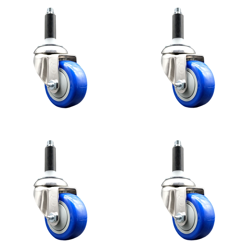Polyurethane Swivel Stem Caster with 3.5 in. Blue Caster Wheels, 0.75 in. Expanding Stems - 316 Stainless Steel Casters - Set of 4