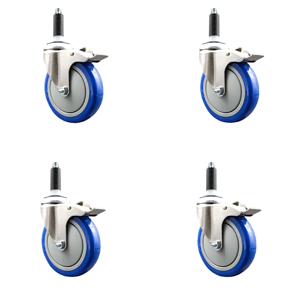 Polyurethane Swivel Stem Caster with 5 in. Blue Caster Wheels, 0.87 in. Expanding Stems - 316 Stainless Steel Casters - Set of 4