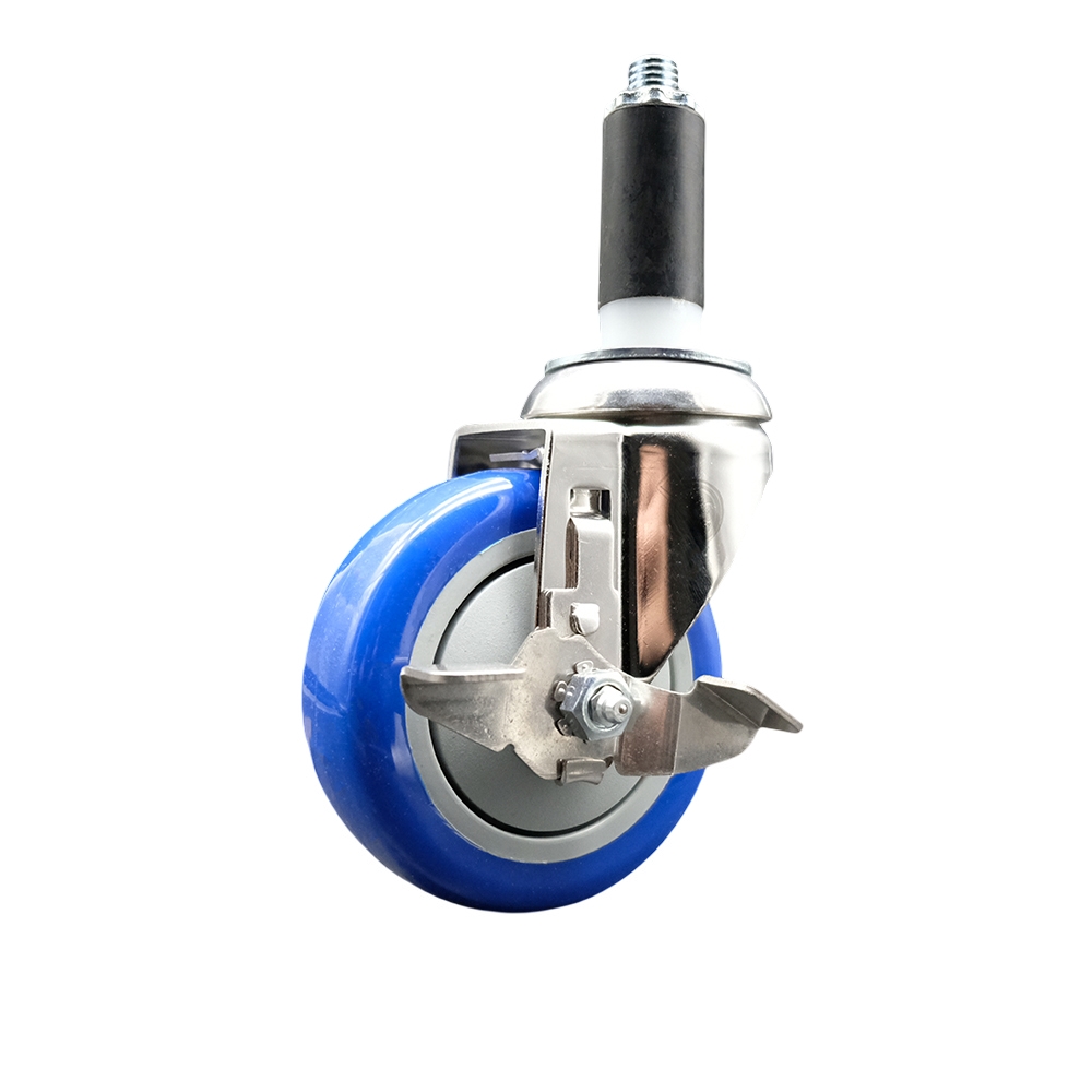 Polyurethane Swivel Stem Caster with 4 in. Blue Caster Wheels & Top Lock Brake, 1.13 in. Expanding Stem - 316 Stainless Steel Caster