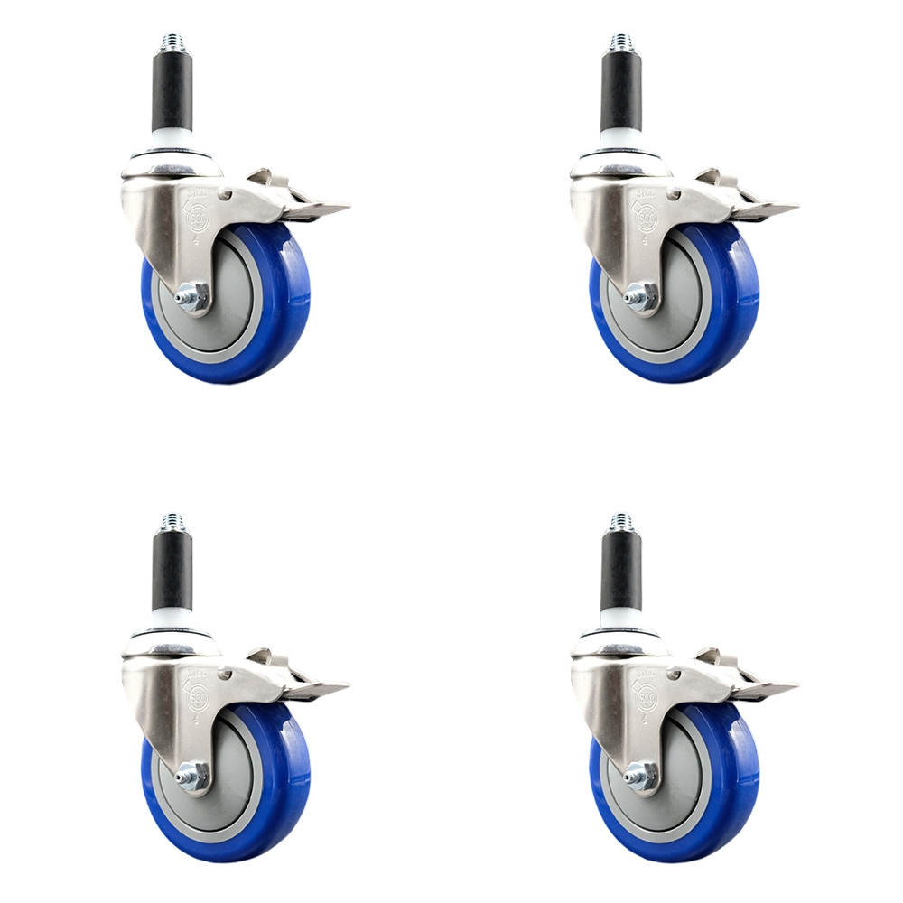 Polyurethane Swivel Stem Caster with 4 in. Blue Caster Wheels, 1.13 in. Expanding Stems - 316 Stainless Steel Casters - Set of 4