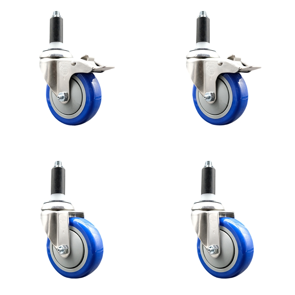 Polyurethane Swivel Stem Caster with 4 in. Blue Caster Wheels, 1.13 in. Expanding Stem - 316 Stainless Steel Casters - Set of 4