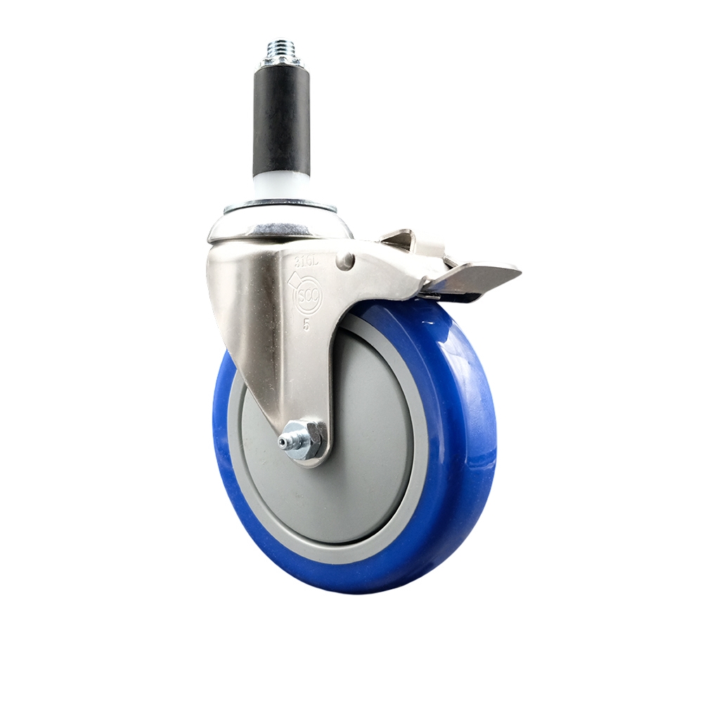 Polyurethane Swivel Stem Caster with 5 in. Blue Caster Wheels & Total Lock Brake, 1.13 in. Expanding Stem - 316 Stainless Steel Caster