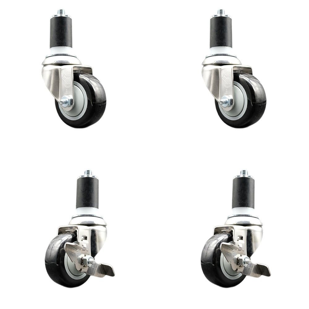 Polyurethane Swivel Stem Caster with 3 in. Black Caster Wheels, 1.5 in. Expanding Stems - 316 Stainless Steel Casters - Set of 4