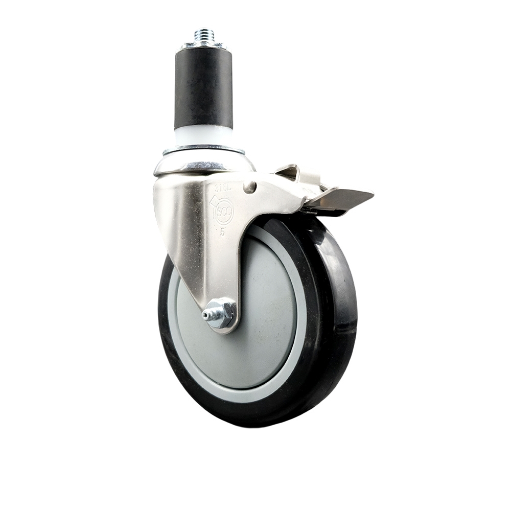 Polyurethane Swivel Stem Caster with 5 in. Black Caster Wheels & Total Lock Brake, 1.5 in. Expanding Stem - 316 Stainless Steel Caster