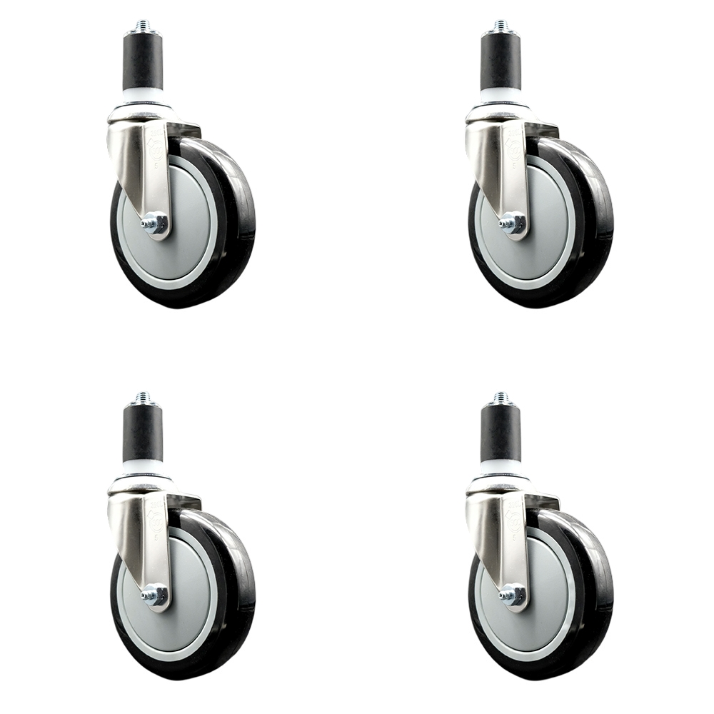 Polyurethane Swivel Stem Caster with 5 in. Black Caster Wheels, 1.5 in. Expanding Stems - 316 Stainless Steel Casters - Set of 4
