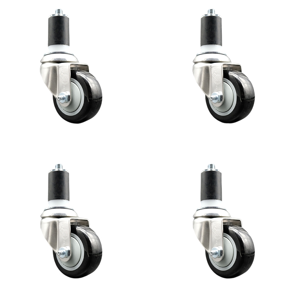 Polyurethane Swivel Stem Caster with 3.5 in. Black Caster Wheels, 1.63 in. Expanding Stems - 316 Stainless Steel Casters - Set of 4