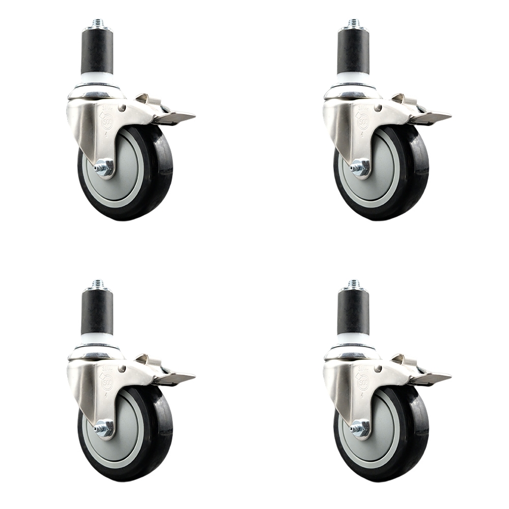 Polyurethane Swivel Stem Caster with 4 in. Black Caster Wheels, 1.63 in. Expanding Stems - 316 Stainless Steel Casters - Set of 4