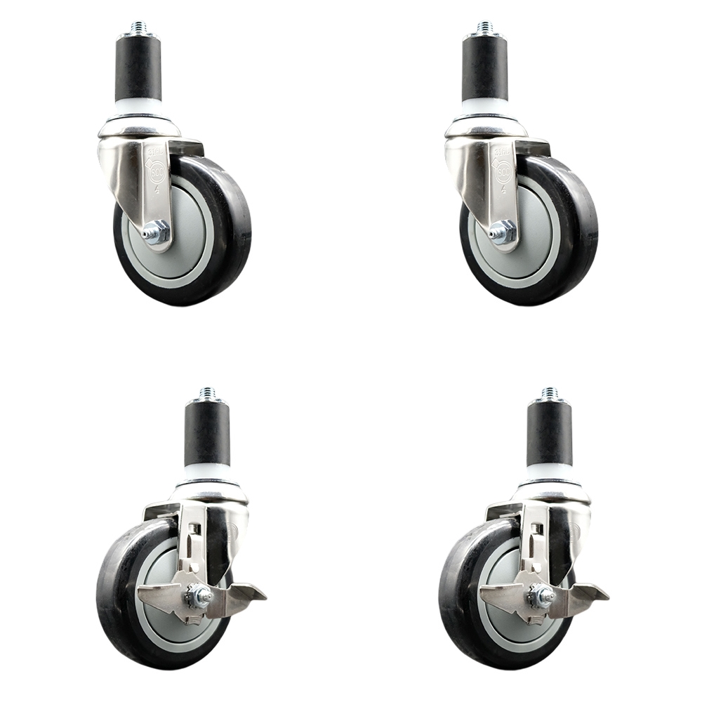 Polyurethane Swivel Stem Caster with 4 in. Black Caster Wheels, 1.63 in. Expanding Stems - 316 Stainless Steel Casters - Set of 4