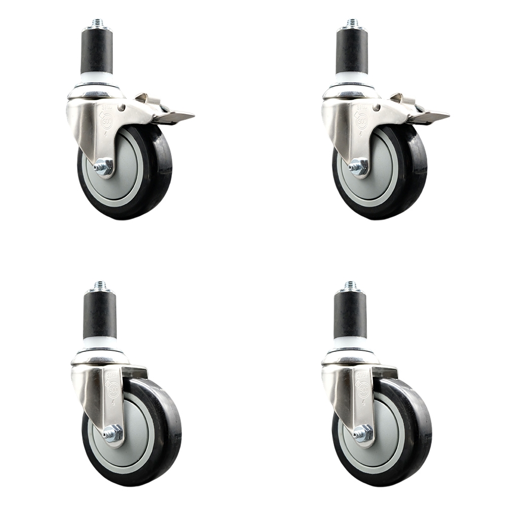 Polyurethane Swivel Stem Caster with 4 in. Black Caster Wheels, 1.63 in. Expanding Stem - 316 Stainless Steel Casters - Set of 4