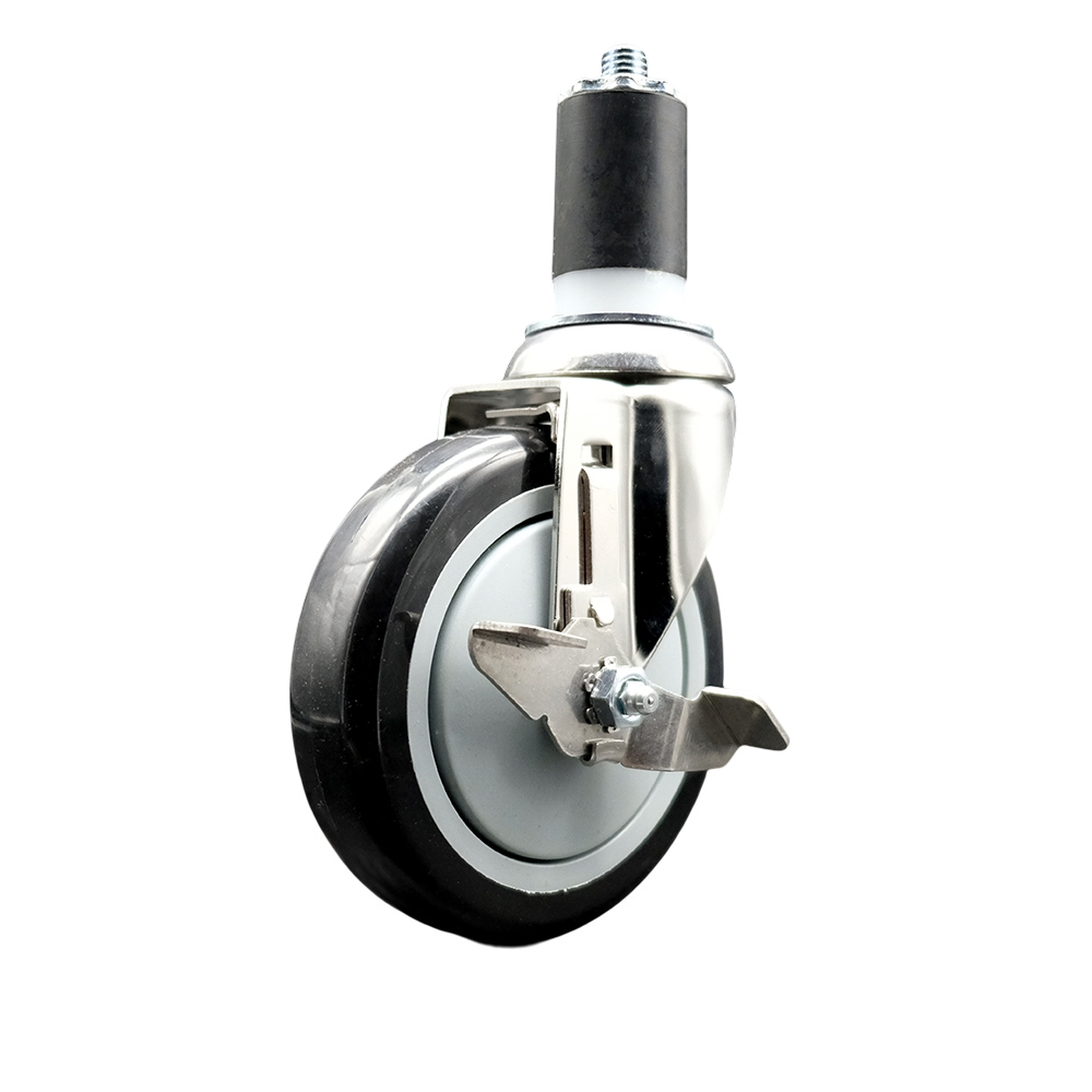 Polyurethane Swivel Stem Caster with 5 in. Black Caster Wheels & Top Lock Brake, 1.63 in. Expanding Stem - 316 Stainless Steel Caster