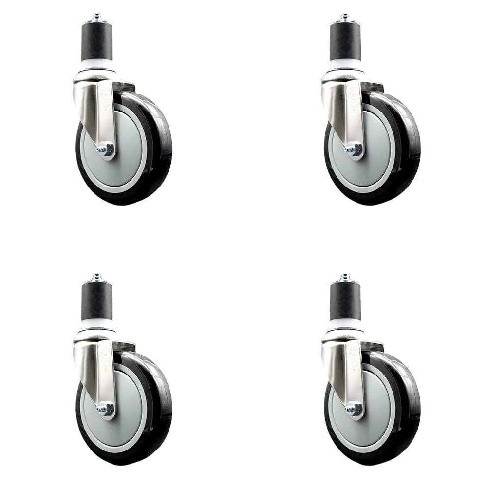 Polyurethane Swivel Stem Caster with 5 in. Black Caster Wheels, 1.75 in. Expanding Stems - 316 Stainless Steel Casters - Set of 4