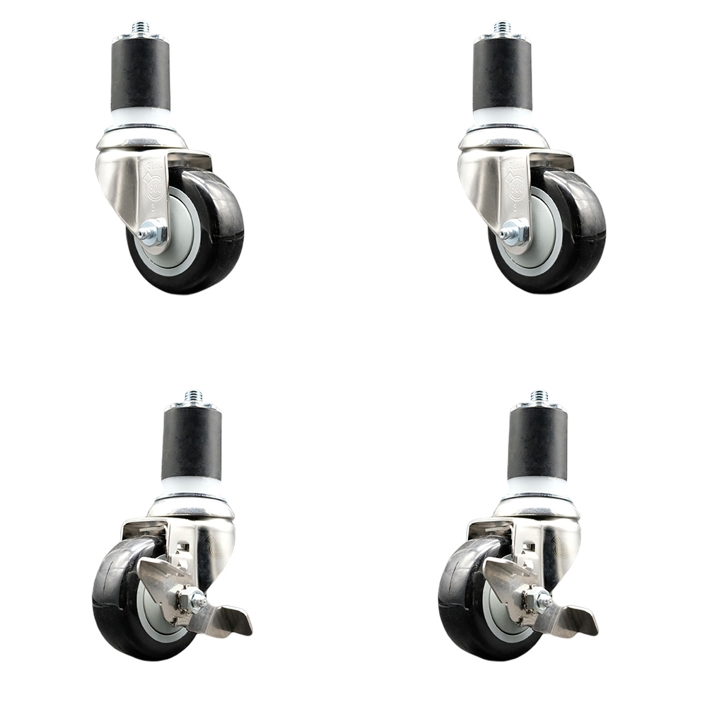 Polyurethane Swivel Stem Caster with 3.5 in. Black Caster Wheels, 1.87 in. Expanding Stems - 316 Stainless Steel Casters - Set of 4