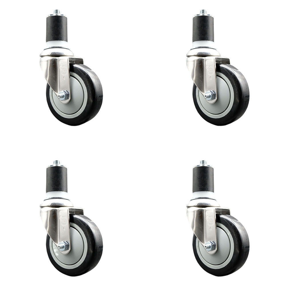 Polyurethane Swivel Stem Caster with 4 in. Black Caster Wheels, 1.87 in. Expanding Stems - 316 Stainless Steel Casters - Set of 4