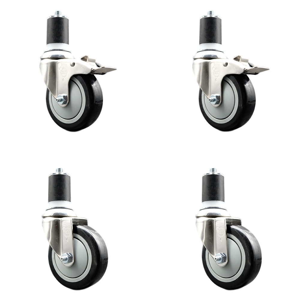 Polyurethane Swivel Stem Caster with 4 in. Black Caster Wheels, 1.87 in. Expanding Stem - 316 Stainless Steel Casters - Set of 4