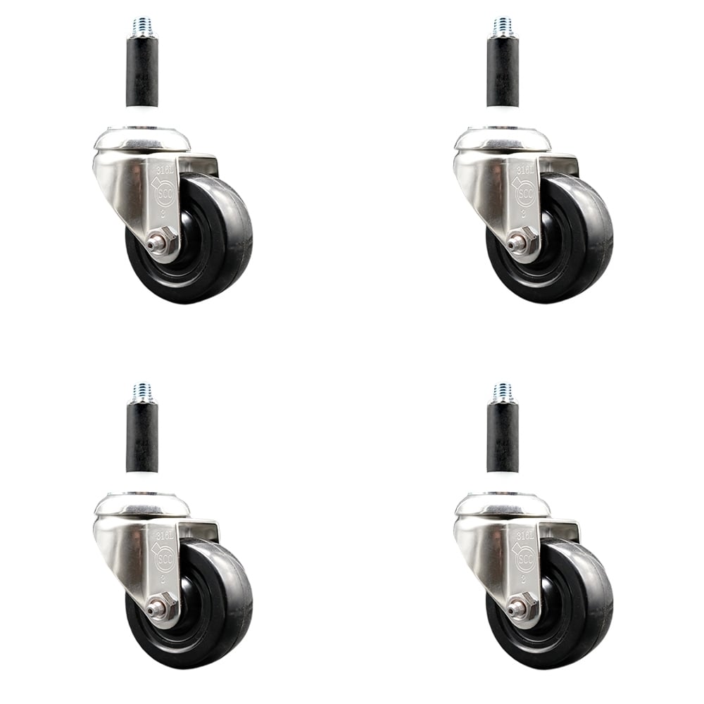 Hard Rubber Swivel Stem Caster with 3 in. Black Caster Wheels, 0.75 in. Expanding Stems - 316 Stainless Steel Casters - Set of 4