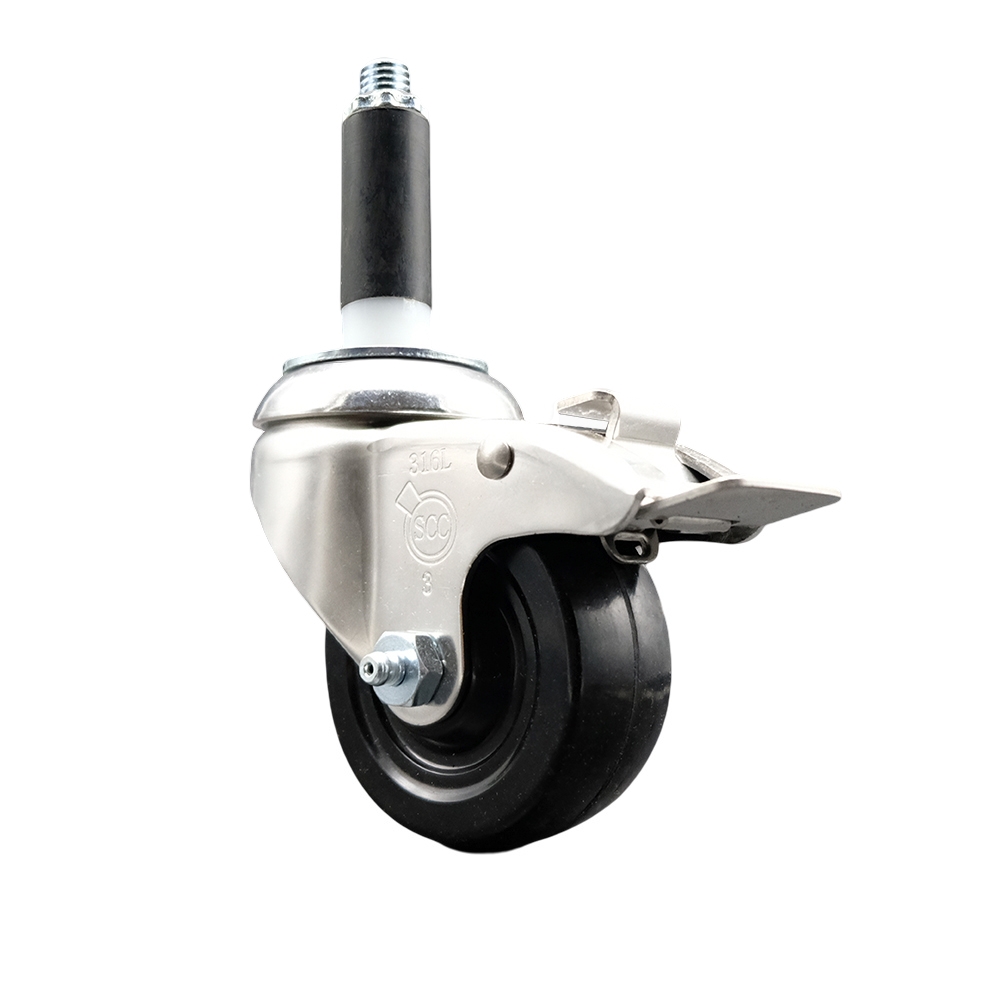 Hard Rubber Swivel Stem Caster with 3 in. Black Caster Wheel & Total Lock Brake, 0.87 in. Expanding Stem - 316 Stainless Steel Casters