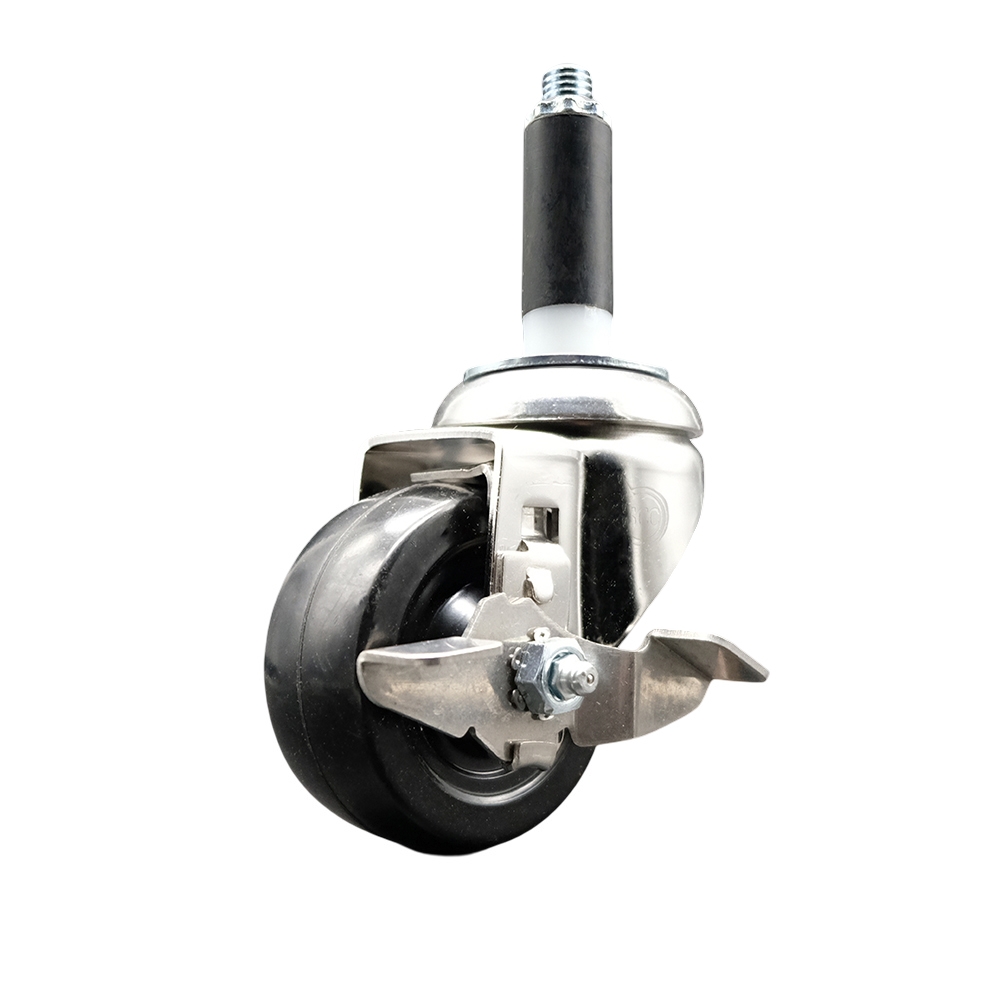 Hard Rubber Swivel Stem Caster with 3.5 in. Black Caster Wheel & Top Lock Brake, 0.87 in. Expanding Stem - 316 Stainless Steel Casters