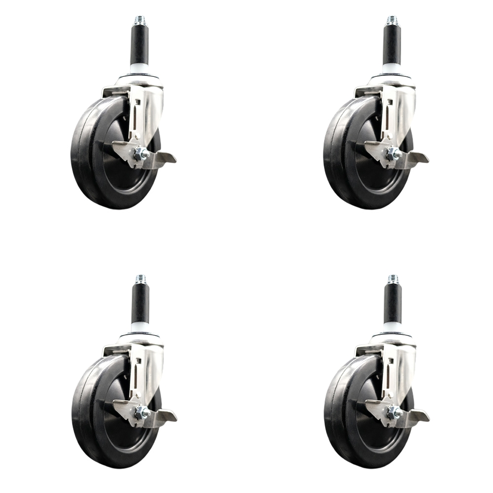 Hard Rubber Swivel Stem Caster with 5 in. Caster Wheels, 0.87 in. Expanding Stems - 316 Stainless Steel Casters - Set of 4