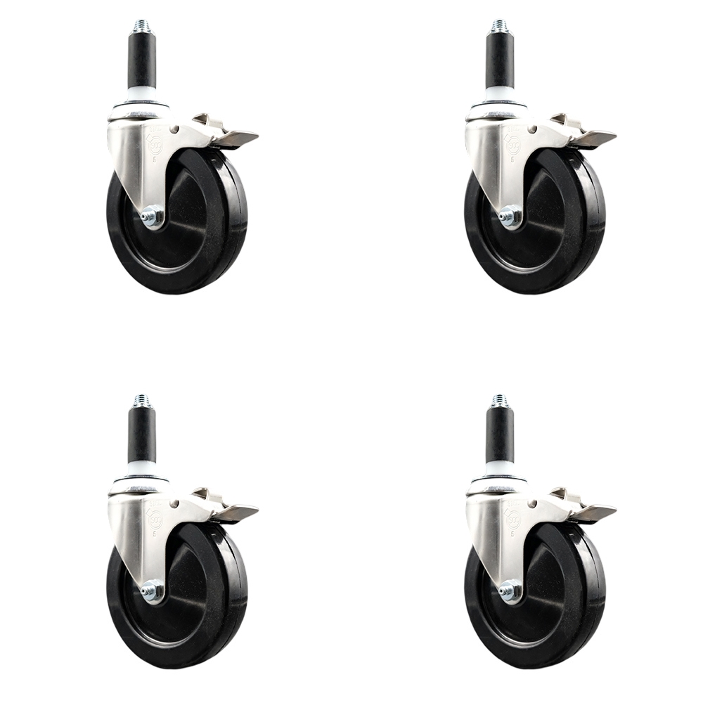Hard Rubber Swivel Stem Caster with 5 in. Caster Wheels, 1 in. Expanding Stems - 316 Stainless Steel Casters - Set of 4