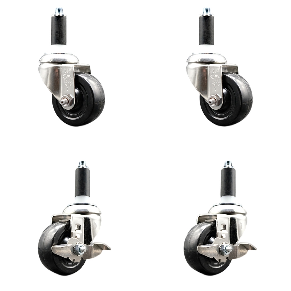Hard Rubber Swivel Stem Caster with 3.5 in. Caster Wheels, 1.13 in. Expanding Stems - 316 Stainless Steel Casters - Set of 4