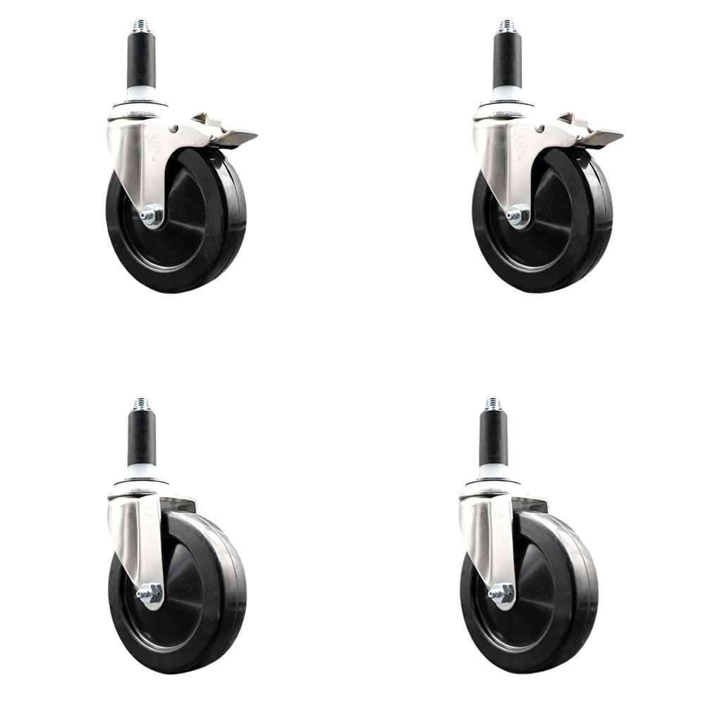 Hard Rubber Swivel Stem Caster with 5 in. Caster Wheels, 1.13 in. Expanding Stem - 316 Stainless Steel Casters - Set of 4
