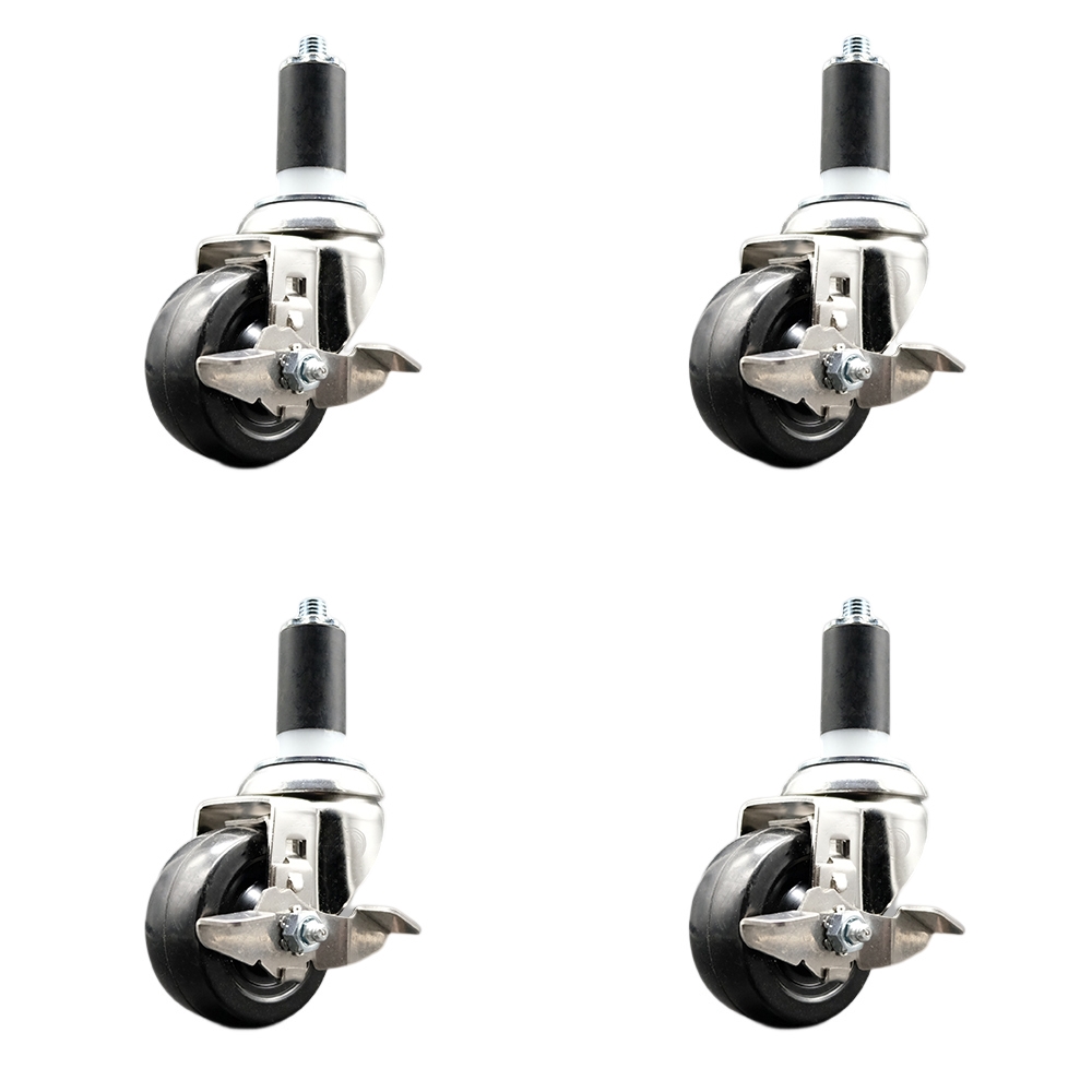 Hard Rubber Swivel Stem Caster with 3.5 in. Caster Wheels, 1.38 in. Expanding Stems - 316 Stainless Steel Casters - Set of 4