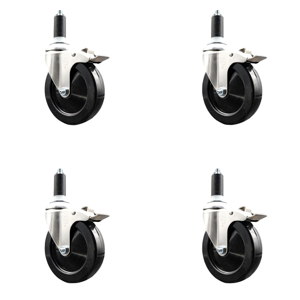 Hard Rubber Swivel Stem Caster with 5 in. Caster Wheels, 1.38 in. Expanding Stems - 316 Stainless Steel Casters - Set of 4