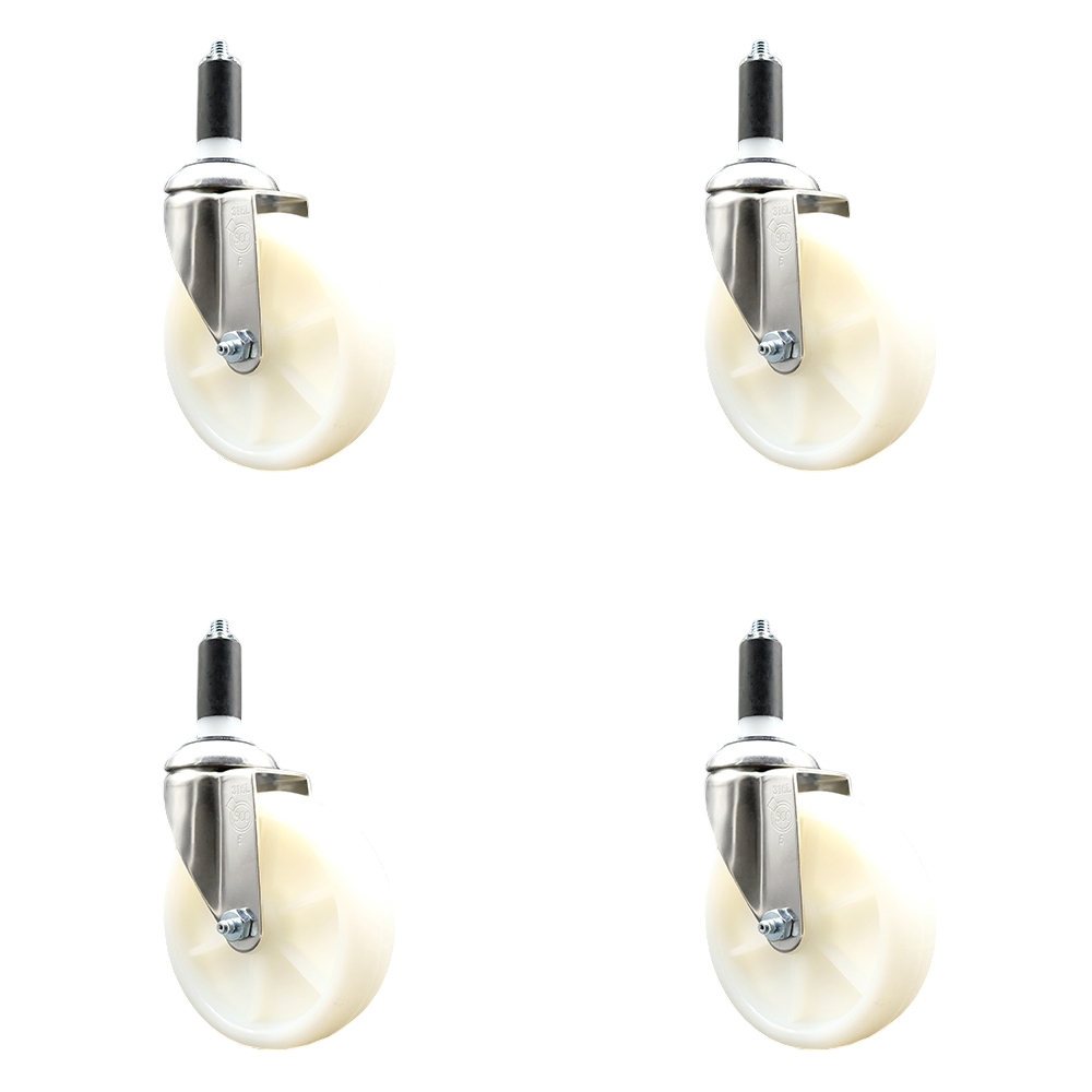 Nylon Swivel Stem Caster with 5 in. White Caster Wheels, 1.25 in. Expanding Stems - 316 Stainless Steel Casters - Set of 4
