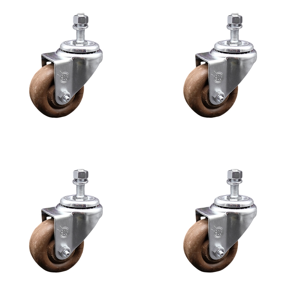 Stainless Steel High Temperature Glass Filled Nylon Swivel Threaded Stem Caster with 3 x 1.25 in. Brown Wheels & 0.5 in. Stems - Set of 4