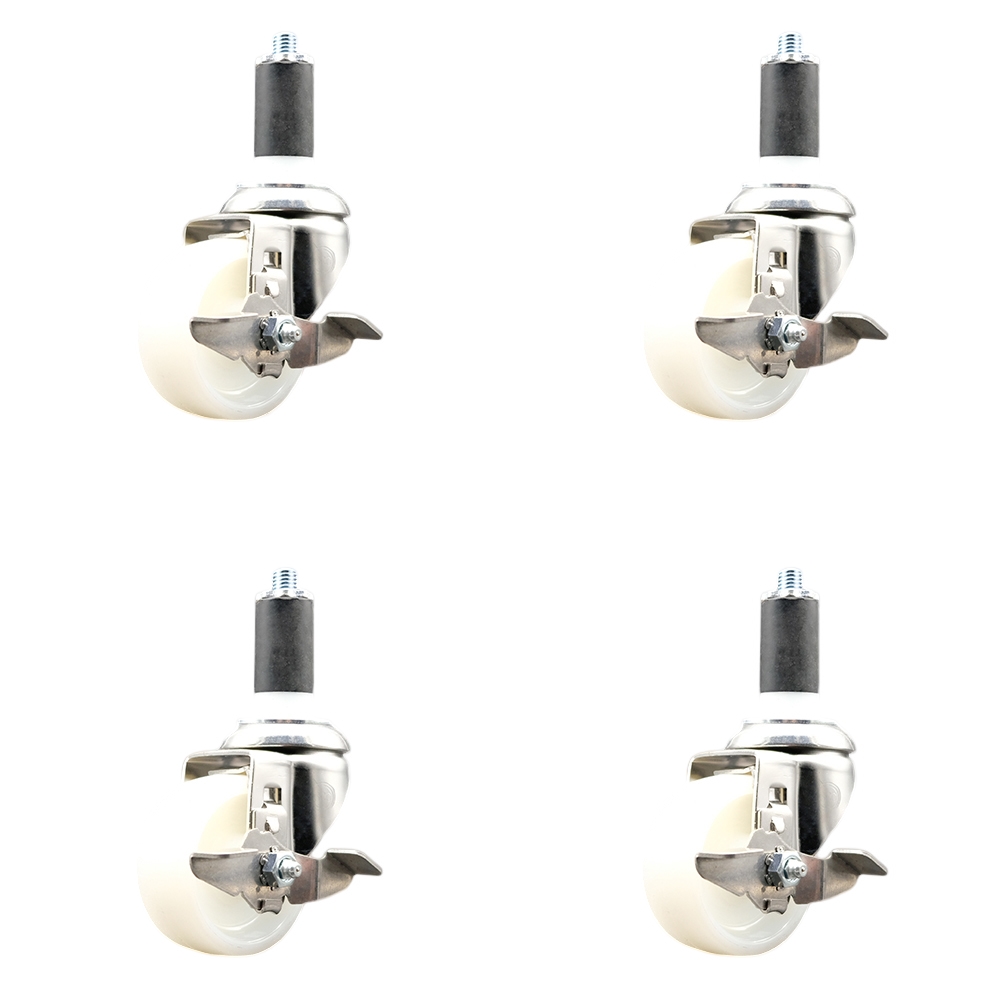 Nylon Swivel Stem Caster with 3 in. Caster Wheels, 1.38 in. Expanding Stems - 316 Stainless Steel Casters - Set of 4