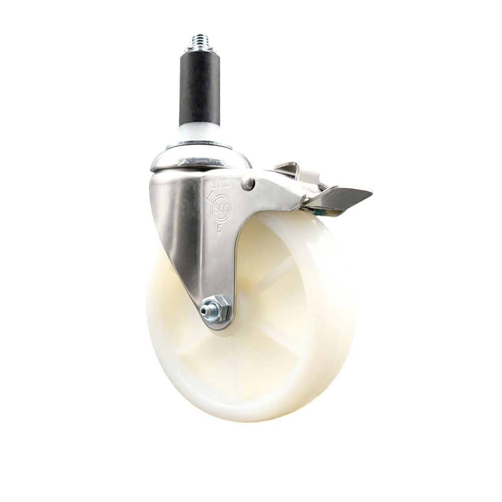 Nylon Swivel Stem Caster with 5 in. White Caster Wheel & Total Lock Brake, 1.38 in. Expanding Stem - 316 Stainless Steel Caster