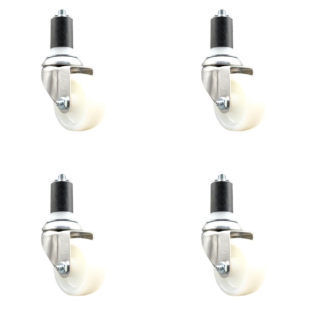 Nylon Swivel Stem Caster with 3 in. White Caster Wheels, 1.63 in. Expanding Stems - 316 Stainless Steel Casters - Set of 4