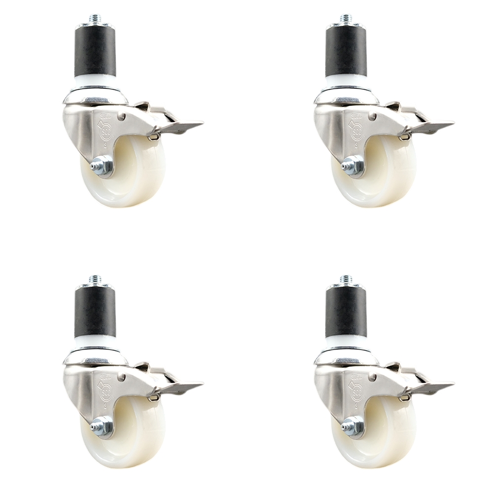 Nylon Swivel Stem Caster with 3 in. Caster Wheels, 1.75 in. Expanding Stems - 316 Stainless Steel Casters - Set of 4