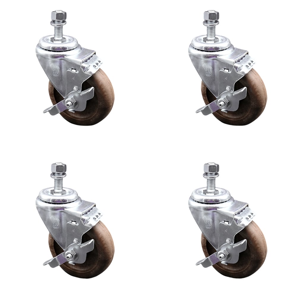 High Temperature Glass Filled Nylon Swivel Threaded Stem Caster with 4 x 1.25 in. Brown Wheels & 0.38 in. Stems - Set of 4