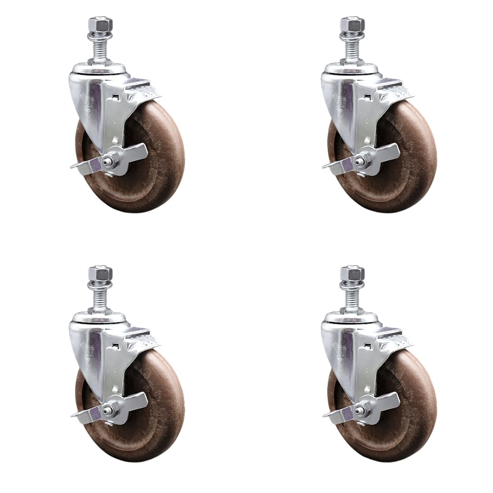 Stainless Steel High Temperature Glass Filled Nylon Swivel Threaded Stem Caster with 5 x 1.25 in. Brown Wheels & 0.38 in. Stems - Set of 4