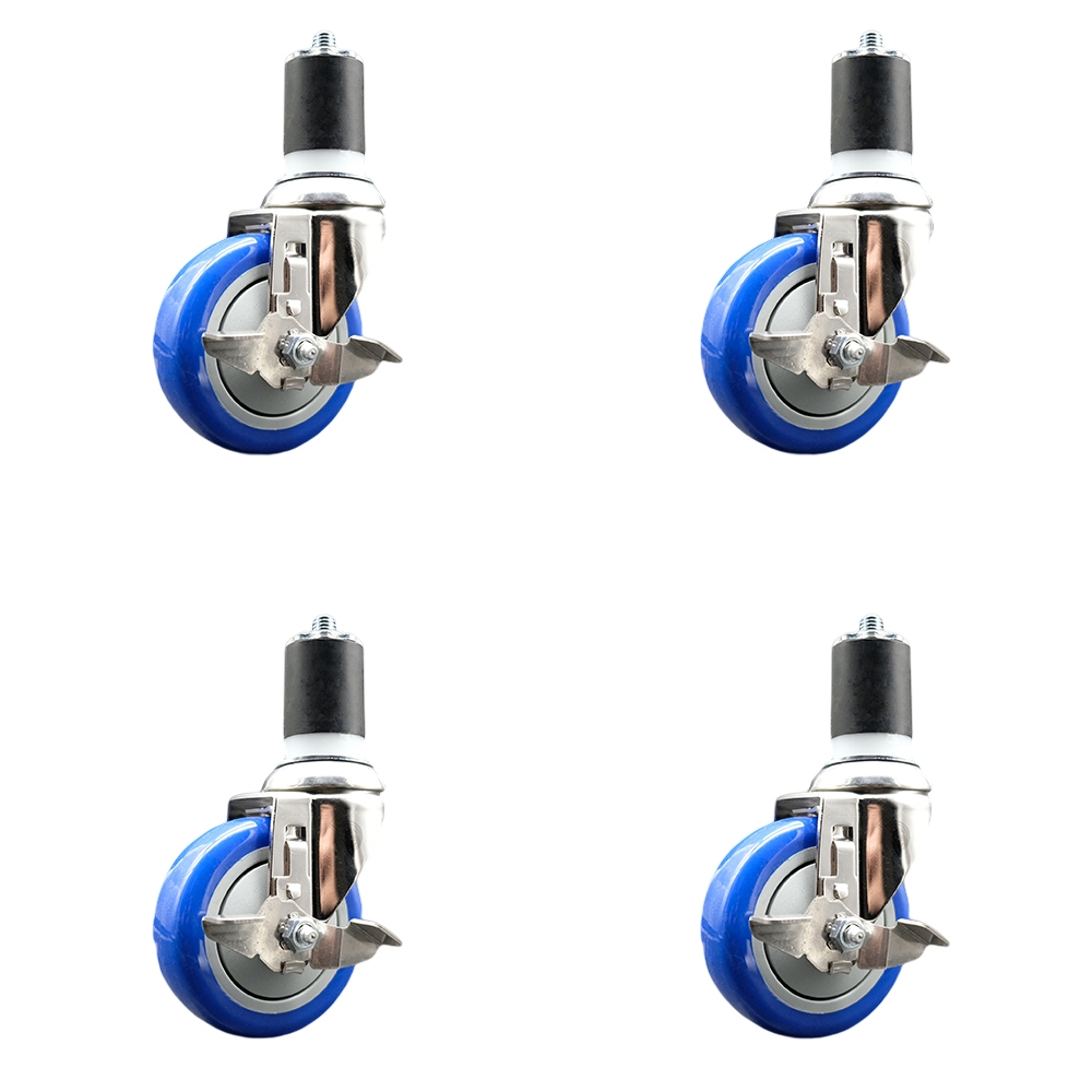 Polyurethane Swivel Stem Caster with 4 in. Blue Caster Wheels, 1.75 in. Expanding Stems - 316 Stainless Steel Casters - Set of 4