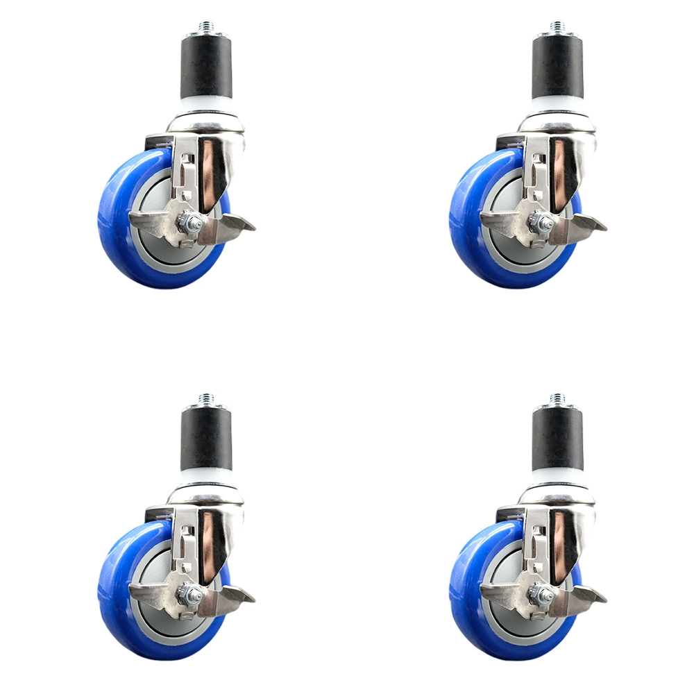Polyurethane Swivel Stem Caster with 4 in. Blue Caster Wheels, 1.87 in. Expanding Stems - 316 Stainless Steel Casters - Set of 4