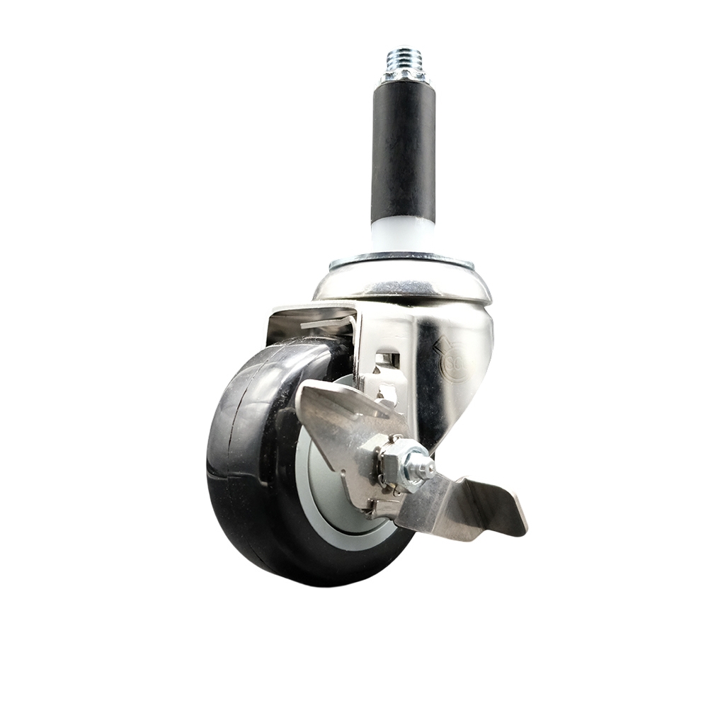 Polyurethane Swivel Stem Caster with 3.5 in. Black Caster Wheels & Top Lock Brake, 0.75 in. Expanding Stem - 316 Stainless Steel Caster