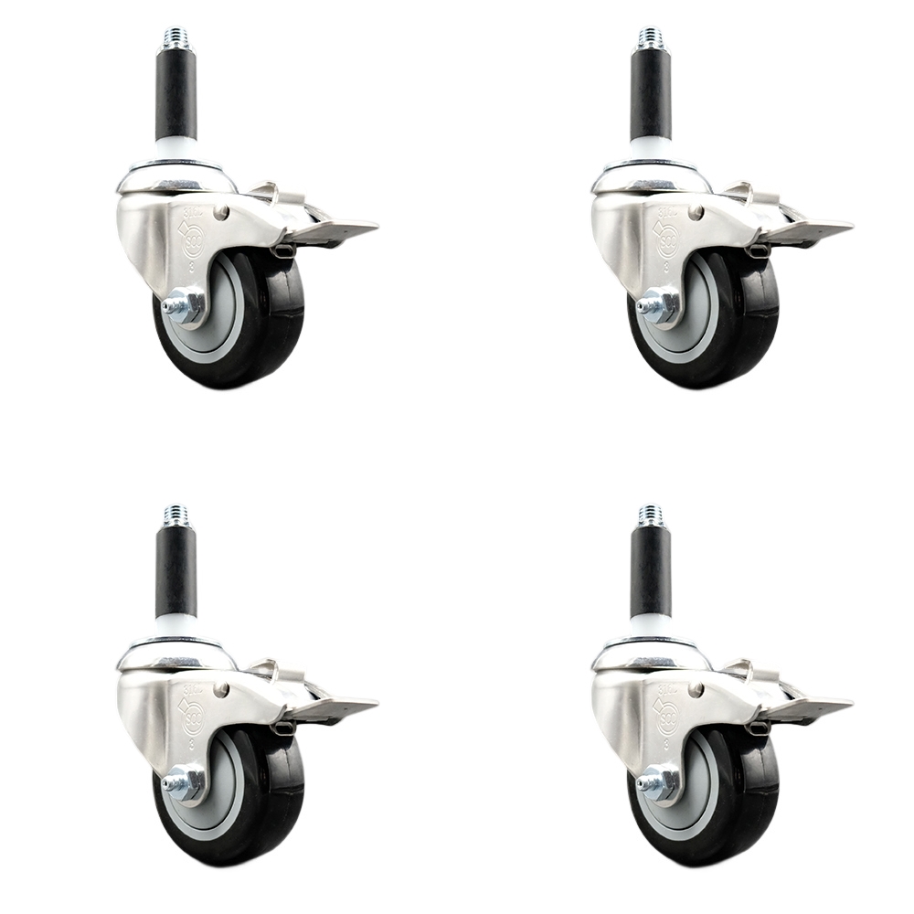 Polyurethane Swivel Stem Caster with 3.5 in. Black Caster Wheels, 0.75 in. Expanding Stems - 316 Stainless Steel Casters - Set of 4