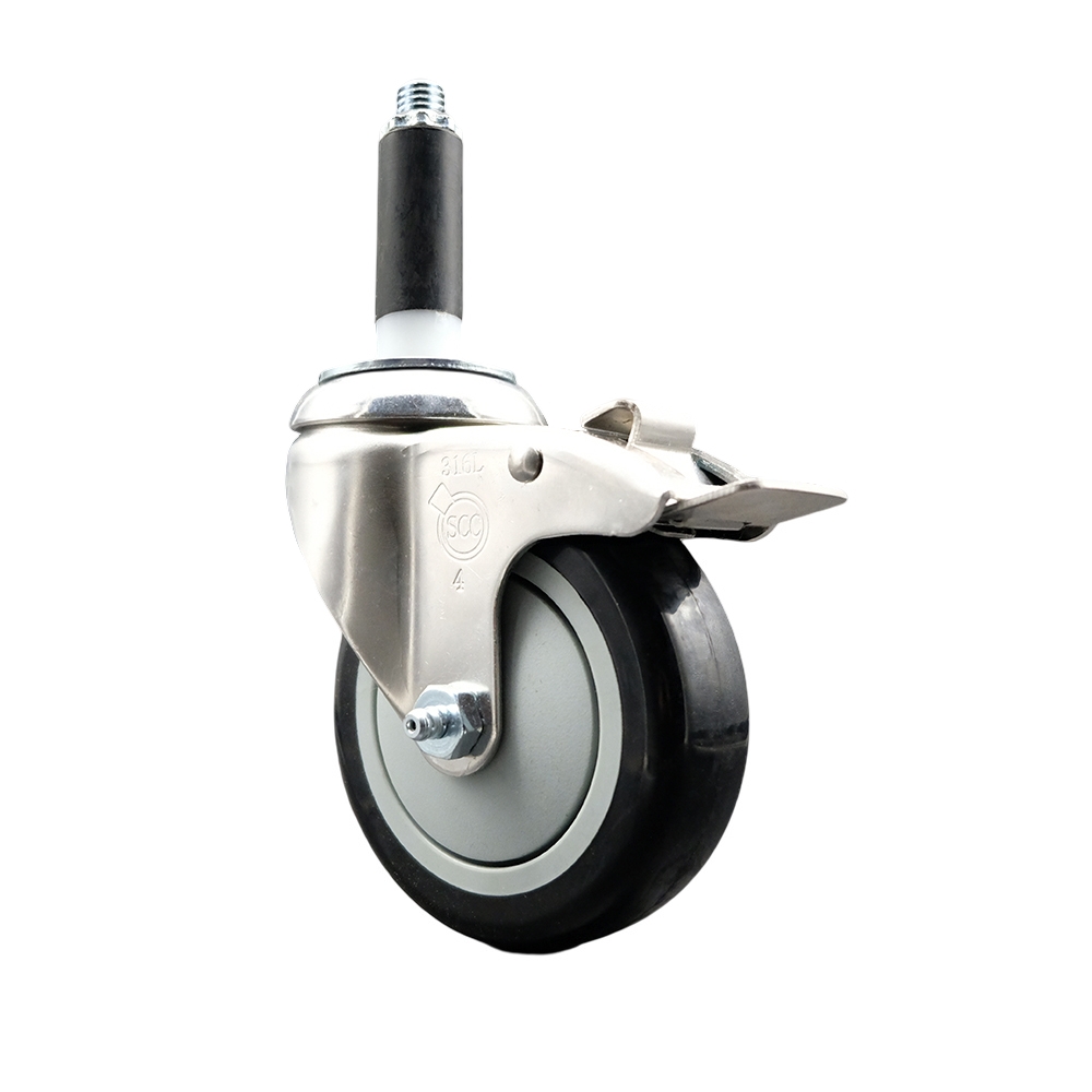 Polyurethane Swivel Stem Caster with 4 in. Black Caster Wheels & Total Lock Brake, 0.87 in. Expanding Stem - 316 Stainless Steel Caster