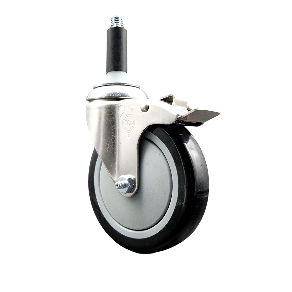 Polyurethane Swivel Stem Caster with 5 in. Black Caster Wheels & Total Lock Brake, 0.87 in. Expanding Stem - 316 Stainless Steel Caster