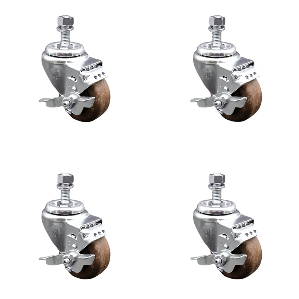 Stainless Steel High Temperature Glass Filled Nylon Swivel Threaded Stem Caster with 3.5 x 1.25 in. Brown Wheels & 12 mm Stems - Set of 4
