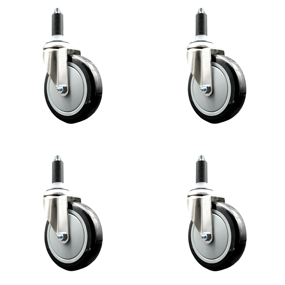 Polyurethane Swivel Stem Caster with 5 in. Black Caster Wheels, 1 in. Expanding Stems - 316 Stainless Steel Casters - Set of 4