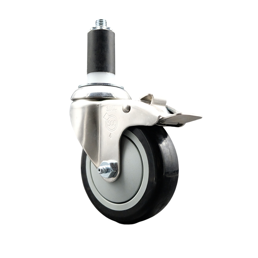 Polyurethane Swivel Stem Caster with 4 in. Black Caster Wheels & Total Lock Brake, 1.25 in. Expanding Stem - 316 Stainless Steel Caster
