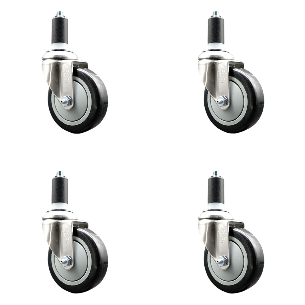 Polyurethane Swivel Stem Caster with 4 in. Black Caster Wheels, 1.25 in. Expanding Stems - 316 Stainless Steel Casters - Set of 4
