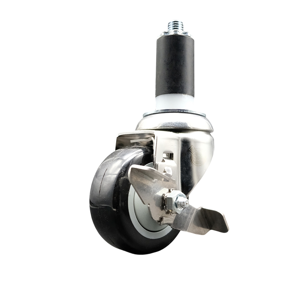 Polyurethane Swivel Stem Caster with 3.5 in. Black Caster Wheels & Top Lock Brake, 1.38 in. Expanding Stem - 316 Stainless Steel Caster