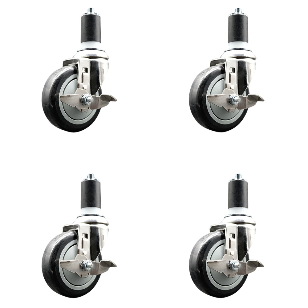 Polyurethane Swivel Stem Caster with 4 in. Black Caster Wheels, 1.5 in. Expanding Stems - 316 Stainless Steel Casters - Set of 4