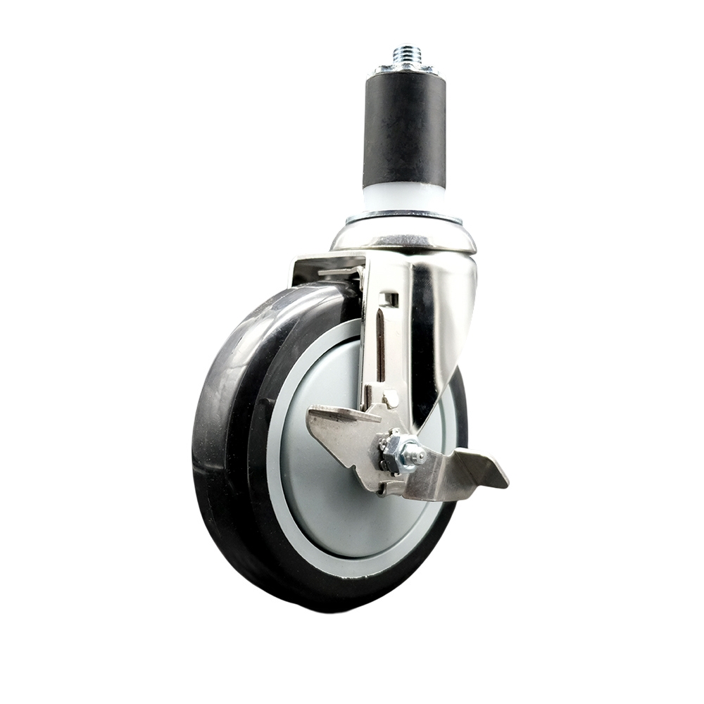 Polyurethane Swivel Stem Caster with 5 in. Black Caster Wheels & Top Lock Brake, 1.5 in. Expanding Stem - 316 Stainless Steel Caster