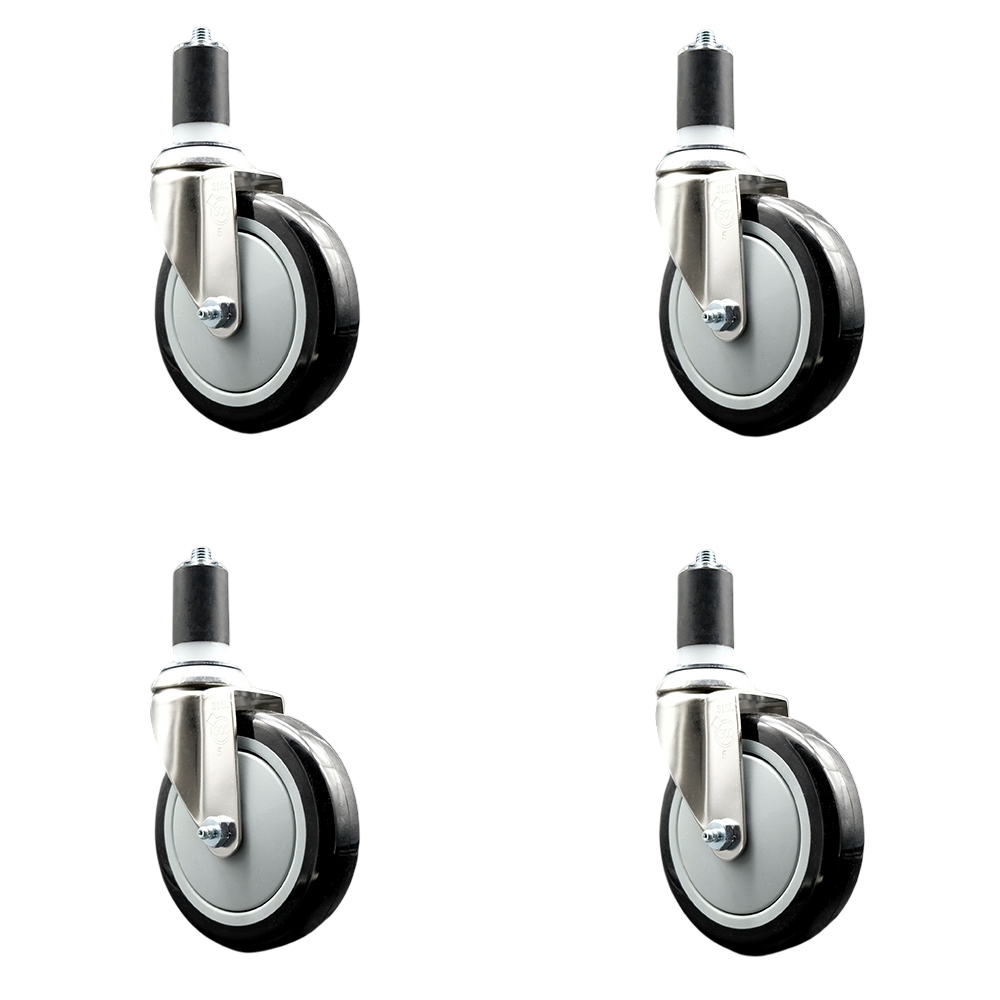Polyurethane Swivel Stem Caster with 5 in. Black Caster Wheels, 1.63 in. Expanding Stems - 316 Stainless Steel Casters - Set of 4