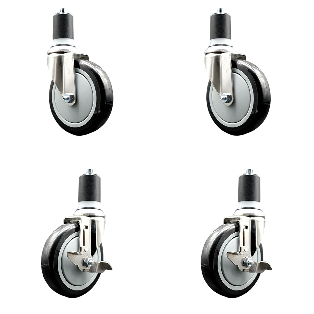 Polyurethane Swivel Stem Caster with 5 in. Black Caster Wheels, 1.87 in. Expanding Stems - 316 Stainless Steel Casters - Set of 4